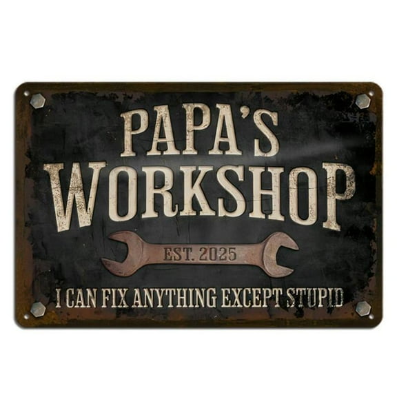 "Papa's Workshop" Vintage Metal Tin Sign, 12x8", Rustic Garage Wall Art with Humorous Quote & Wrench Illustration, Ideal Gift for Dad, Workshop Signage Garage Room Decor Gift Industrial Lightweight