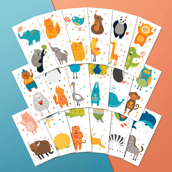 PapaKit Cute Zoo Animals 36 Temporary Fake Tattoo Set, 18 Individually Wrapped Sheets