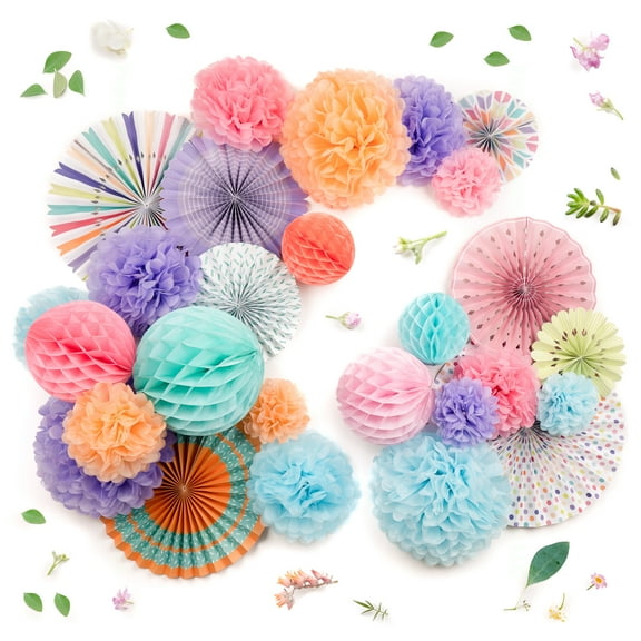 PapaKit Deluxe Origami Large Wall Decoration Set (Assorted Paper Fans & Pom-poms) Birthday Party Baby Shower Wedding Events Decor (Festive Colors, Deluxe 26 Piece Set)