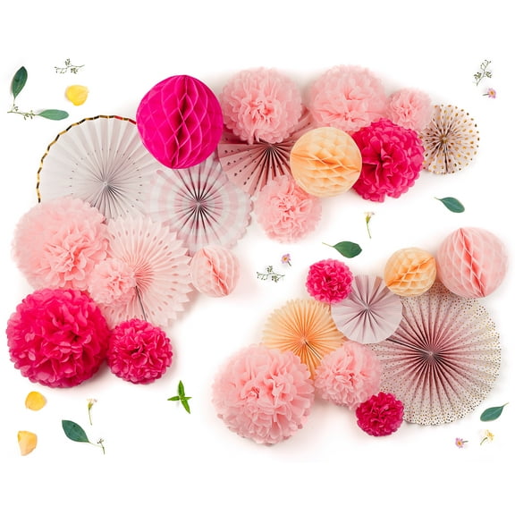 PapaKit Deluxe Origami Large Wall Decoration Set (Assorted Paper Fans & Pom-poms) Birthday Party Baby Shower Wedding Events Decor (Sparking Pink Rose Blush, Deluxe 26 Piece Set)