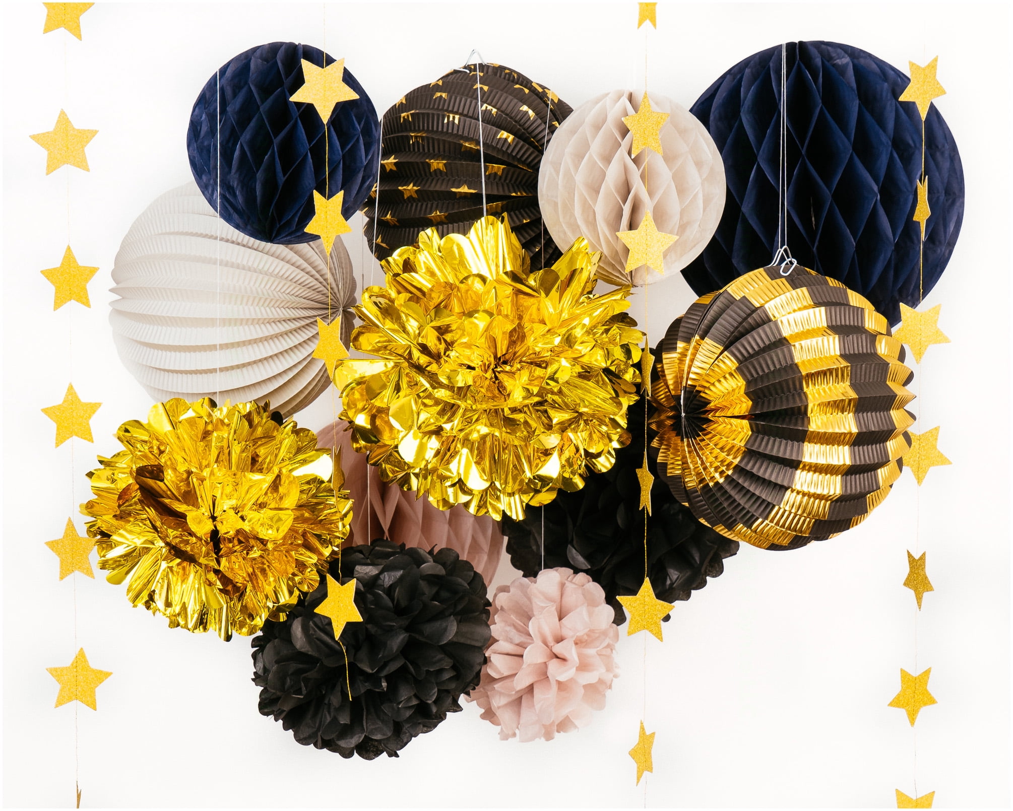 PapaKit Deluxe Paper Party Decoration Set - Pom Pom, Honeycomb and Accordion Lantern (Charcoal & Gala Blue with Metallic Gold)