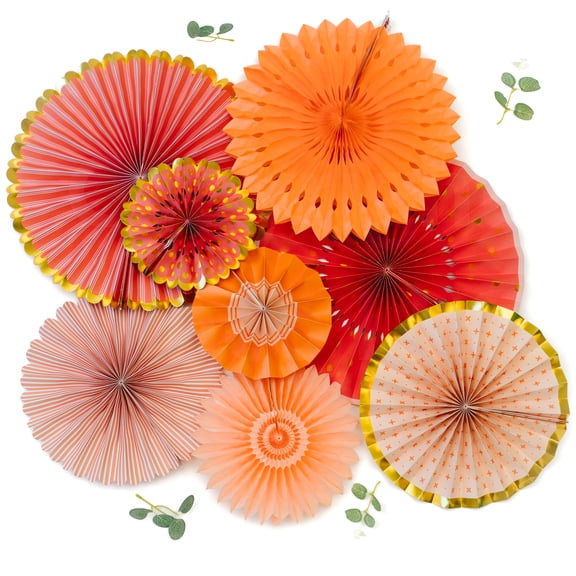 PapaKit Origami Wall Decoration Set (8 Assorted Round Paper Fans) Birthday Party Baby Shower Wedding Events Decor | Creative Art Design Pattern (Bright Orange Bloom with Metallic Gold Accent)
