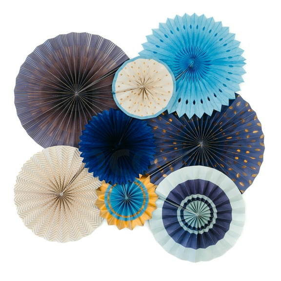 PapaKit Origami Wall Decoration Set (8 Assorted Round Paper Fans) Birthday Party Baby Shower Wedding Events Decor | Creative Art Design Pattern (Starry Midnight Blue with Metallic Gold Accent)