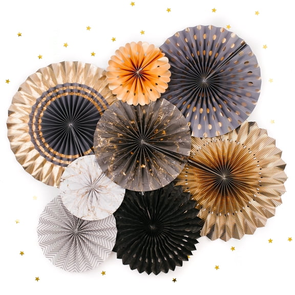 PapaKit Origami Wall Decoration Set (8 Assorted Round Paper Fans) Birthday Party New Year Graduation Events Decor | Creative Art Design Pattern (Charcoal & Gala Blue with Metallic Gold)