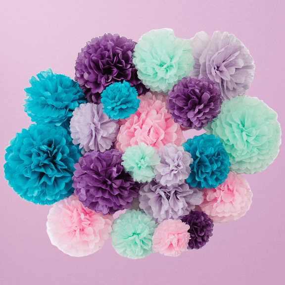 PapaKit Party Tissue Pom Pom Paper Flower Set, for Birthday Party Baby Shower Wedding Engagement Bachelorette Event Decoration (Mermaid Purple, 20 Piece Set)