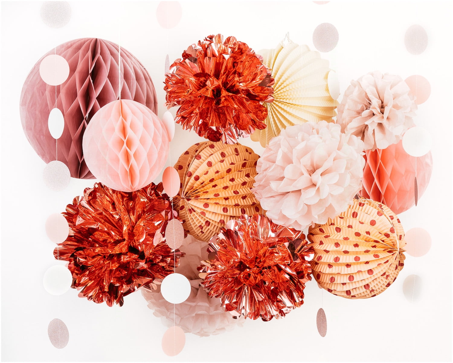 PapaKit Premium Paper Decoration Set - Pom Pom, Honeycomb and Accordion Lantern (Dusty Rose Bloom with Metallic Rose Gold) Birthday Party Baby Shower Bride to Be Engagement Wedding Events