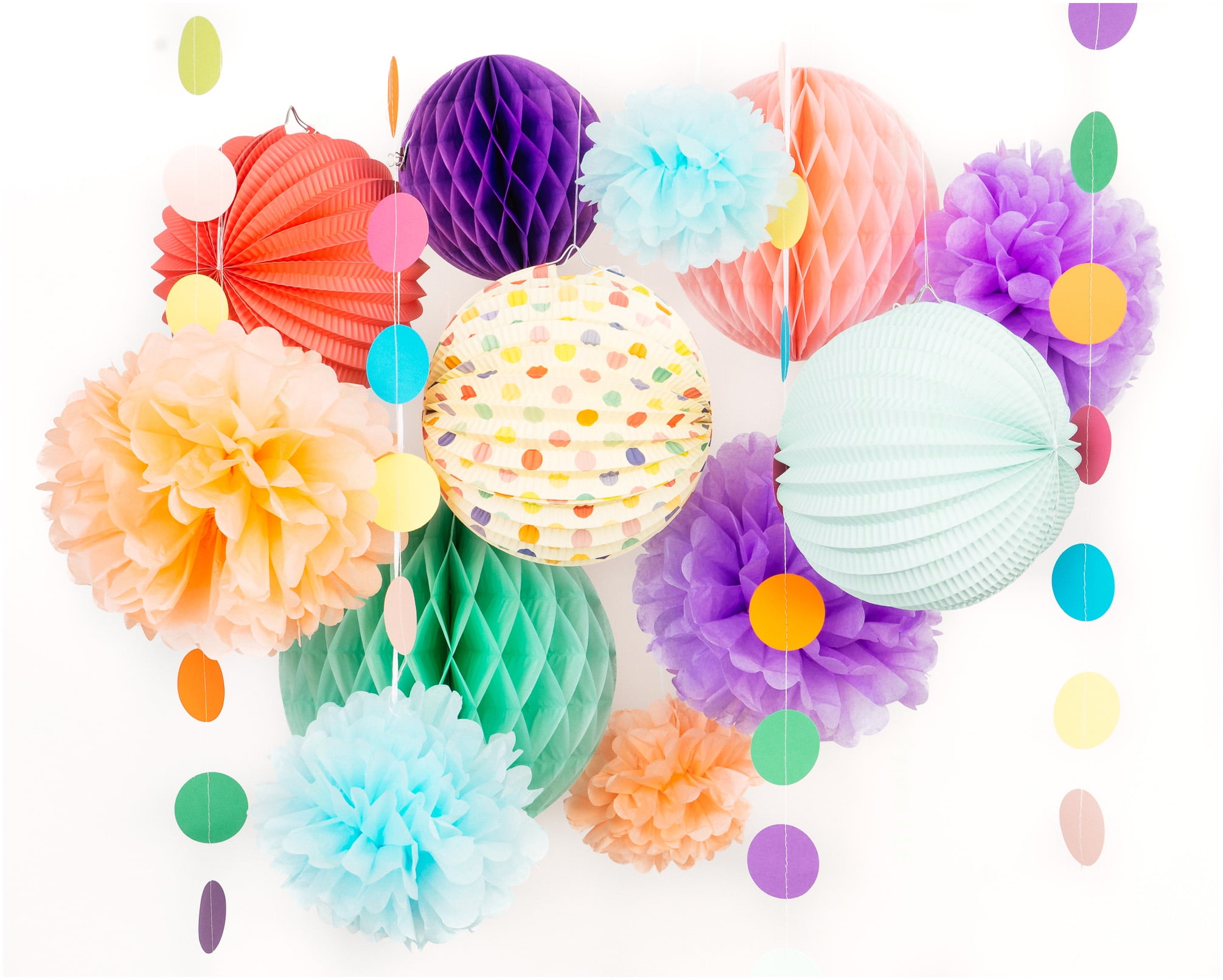 PapaKit Premium Paper Decoration Set - Pom Pom, Honeycomb and Accordion Lantern (Festive Colors) Birthday Party Baby Shower Bride to Be Engagement Wedding Events