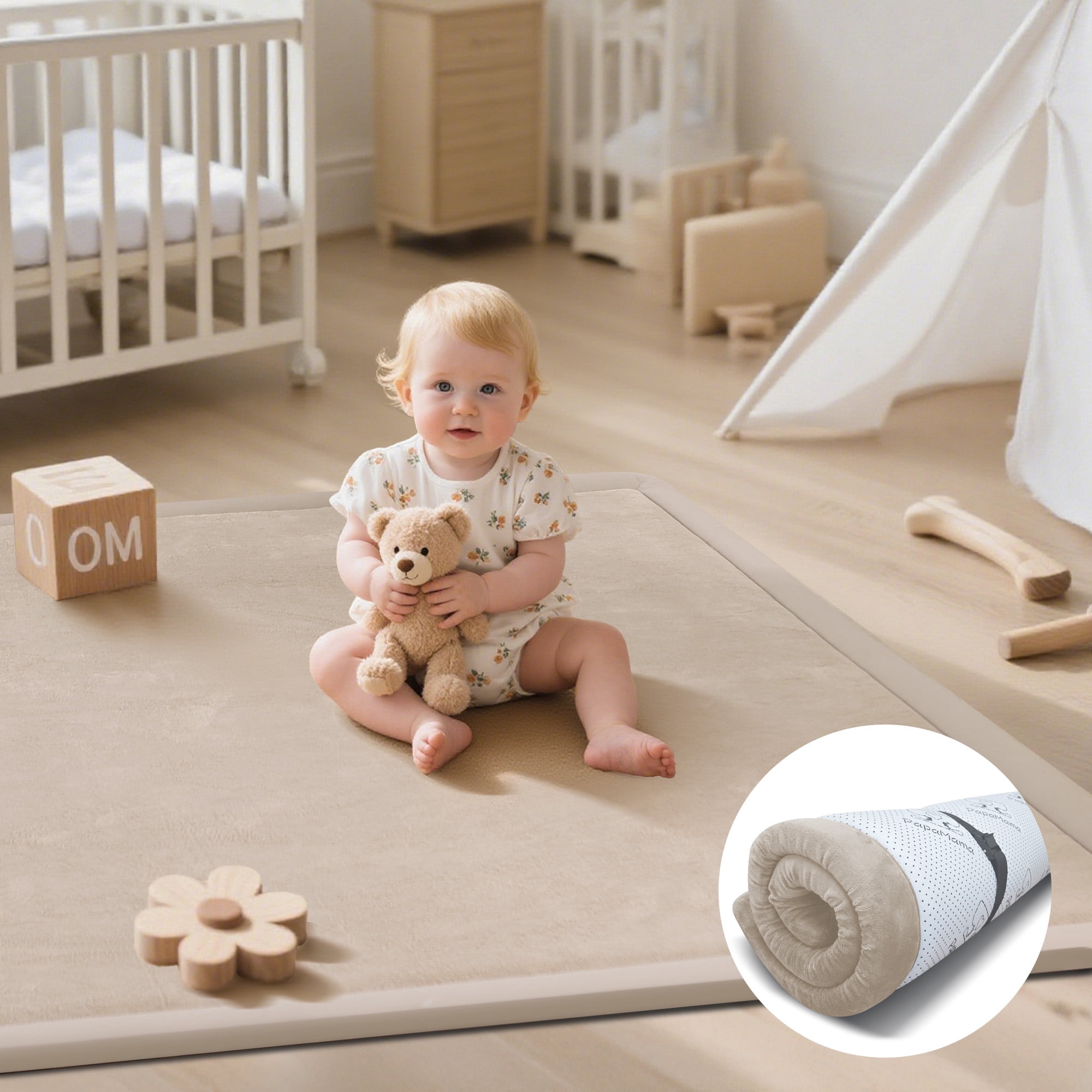 PapaMama Baby Play Mat, 1.2"Thick Memory Foam Area Rug, Soft Coral Velvet Baby Crawling Pad With Non-Slip Backing, 50"X50" Tummy Time Mat, Tatami Padded Carpet, Baby Nursery Rug For Toddlers