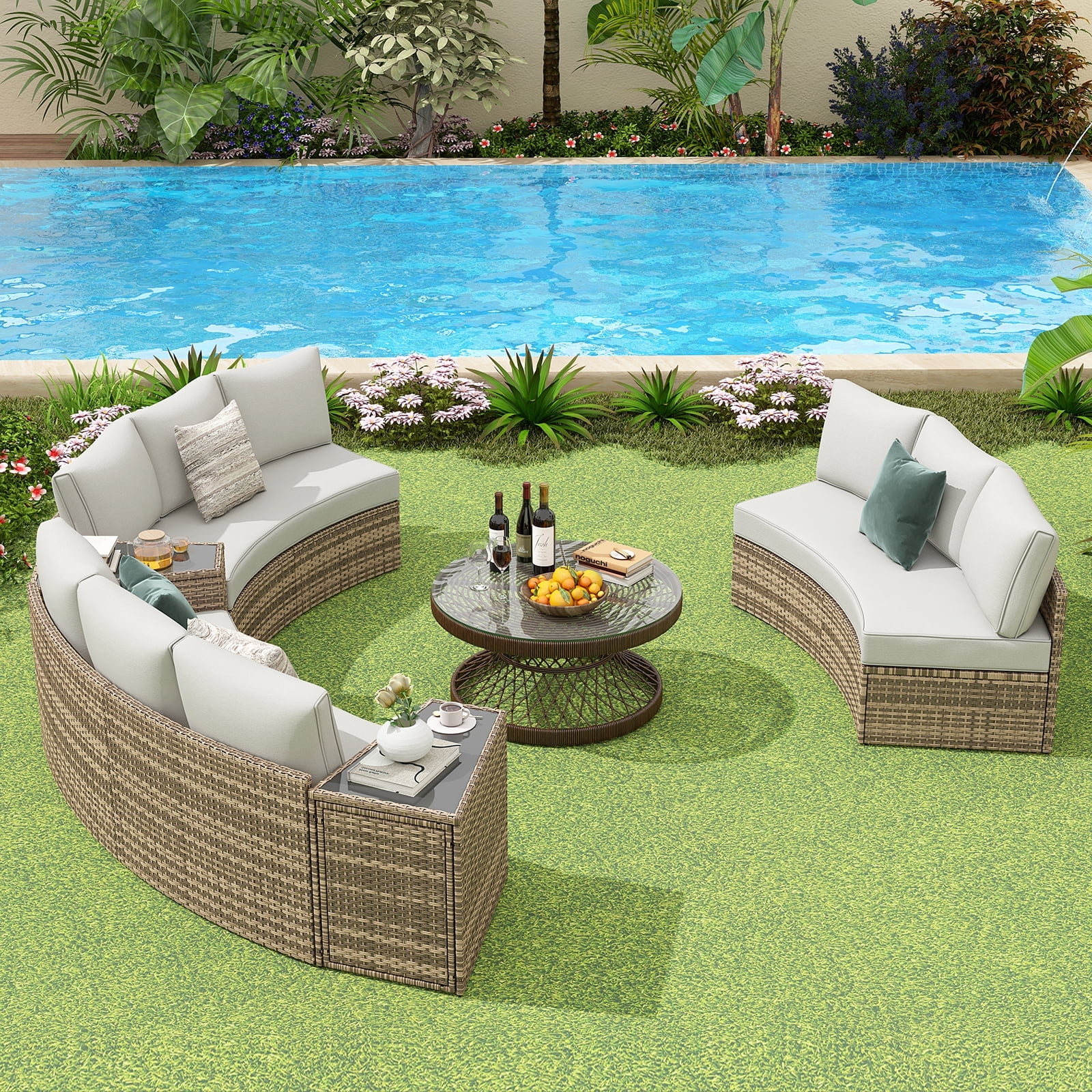 Papababe 9 seats Patio Set Half Moon Outdoor Couch with Storage Side Table Wicker Sofa Set Beige