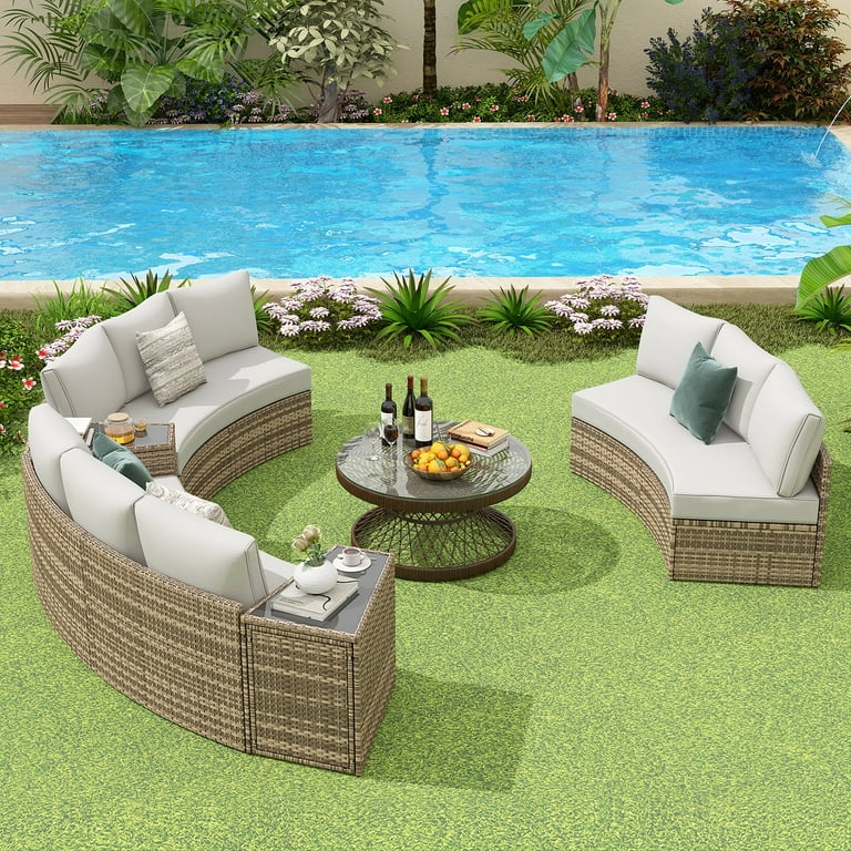 Papababe 9 seats Patio Set Half Moon Outdoor Couch with Storage Side Table Wicker Sofa Set Beige