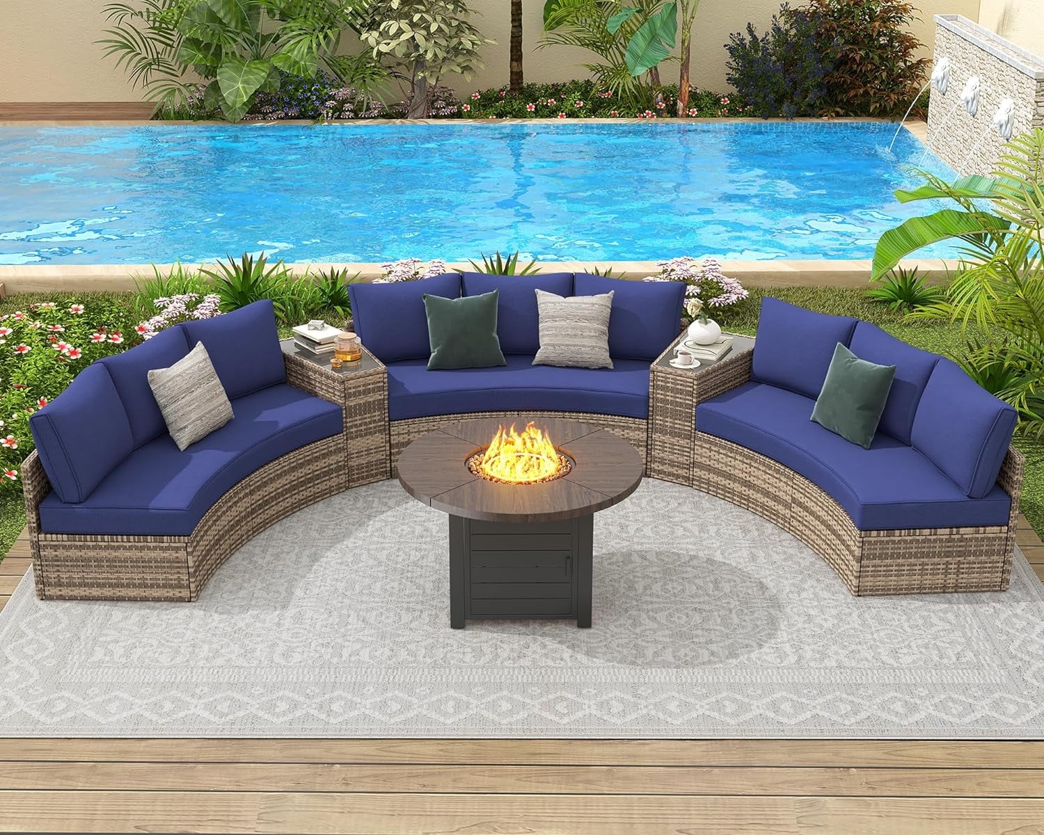 Papababe 9 seats Patio Set Half Moon Outdoor Couch with Storage Side Table Wicker Sofa Set Blue Walmart