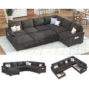 Papajet 105" Sofa Bed, Sectional Sleeper Sofa with Pull Out Bed/Reclining Backrest, 6 Seater Sleeper Couch Bed with Storage, Chenille Dark Gray