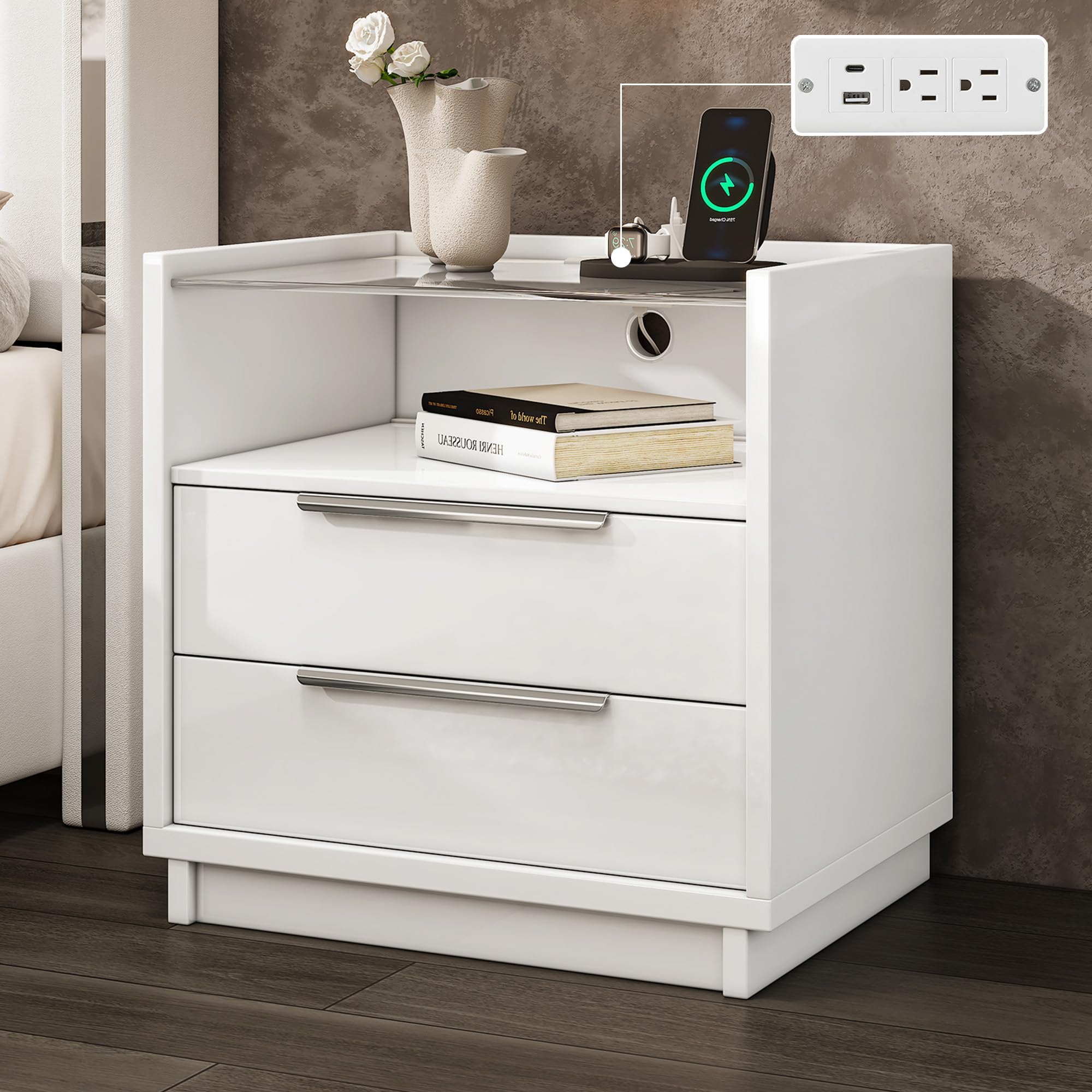 Papajet 23.6" Nightstand Set of 2, High Gloss End Table with Glass Tabletop, Modern Bedside Table with Charging Station for Bedroom, Cream & Gray