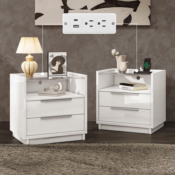 Papajet 23.6" Nightstand Set of 2, High Gloss End Table with Glass Tabletop, Modern Bedside Table with Charging Station for Bedroom, White