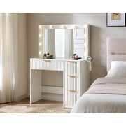 Papajet 36.2 Fluted Vanity Desk with Large Mirror and Adjustable LED Lights, 4 Drawers Makeup Table with Glass Top and Charging Station, White