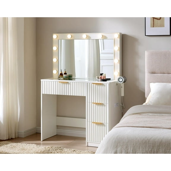 Papajet 36.2" Fluted Vanity Desk with Large Mirror and Adjustable LED Lights, 4 Drawers Makeup Table with Glass Top and Charging Station, White