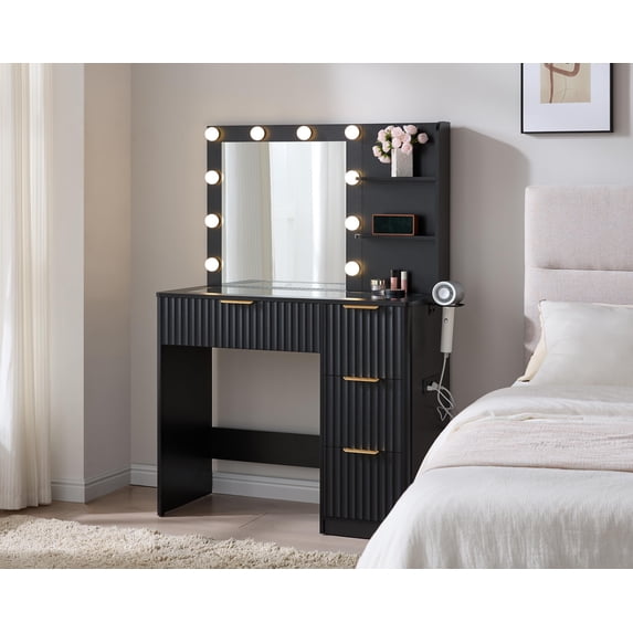 Papajet 36.2" Fluted Vanity Desk with Mirror and Adjustable LED Lights, 4 Drawers Makeup Table with Glass Top and Charging Station, Black