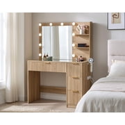 Papajet 36.2" Fluted Vanity Desk with Mirror and Adjustable LED Lights, 4 Drawers Makeup Table with Glass Top and Charging Station, Oak