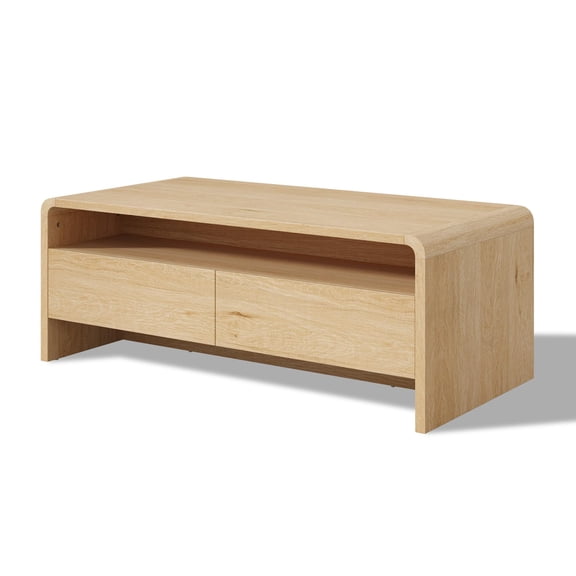 Papajet 39.4" Wood Coffee Table with Storage & Rounded Edges, Natural Oak Wood-grain Finish, 2 Drawers and Open Shelf, for Sofa Center
