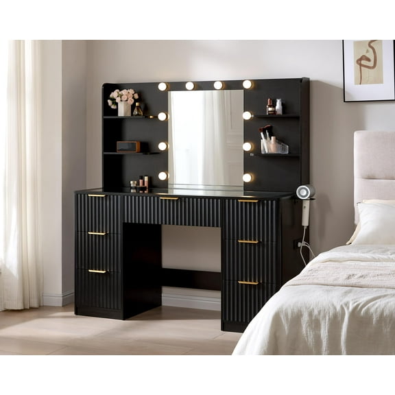 Papajet 47.2" Fluted Vanity Desk with Mirror and Adjustable LED Lights, 7 Drawers Makeup Table with Glass Top and Charging Station, Black