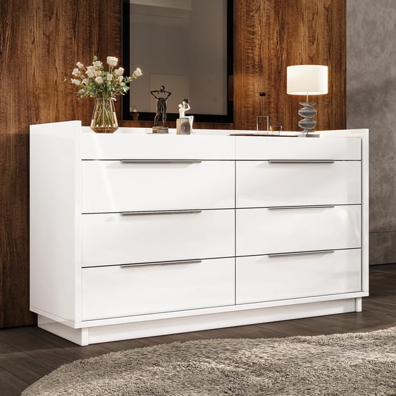 Papajet 47.2" W 8 Drawer Dresser with LED Light & Glass Top, Modern Storage Chest with 2 Jewelry Drawers, Storage Organizer for Bedroom, White