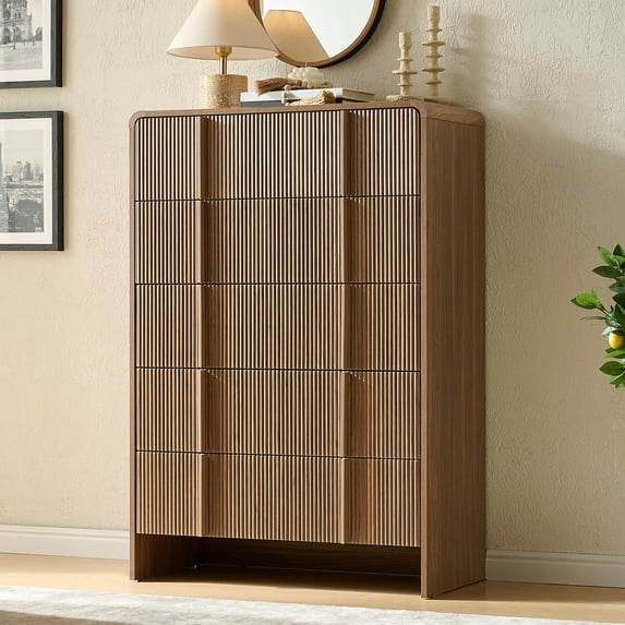 Papajet 5 Drawer Dresser, 48" Tall Modern Chest of Drawers with Pine Handle, Rounded Corner & Anti-Tip for Bedroom, Living Room, Entryway, Dark Walnut
