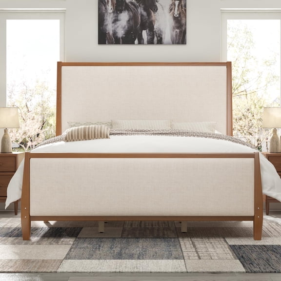Papajet 58" Tall Solid Wood Queen Bed Frame with Upholstered Headboard & Footboard, Wooden Platform Bedframe, No Box Spring Needed, Walnut, Linen