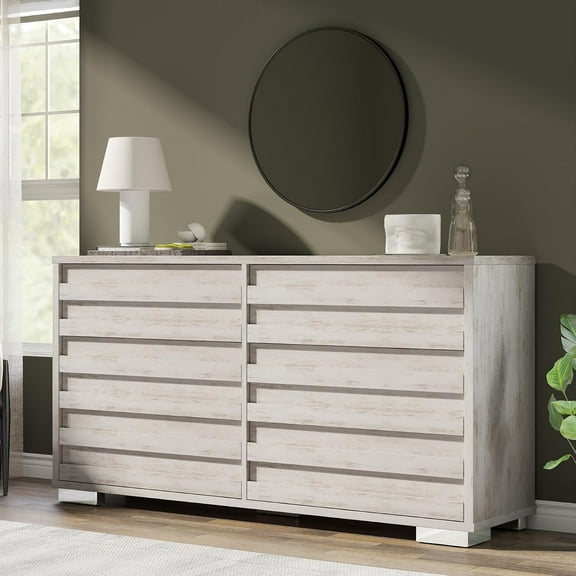Papajet 6 Drawers Dresser for Bedroom, 54" Wide Chest with Slat Handle, Distressed White