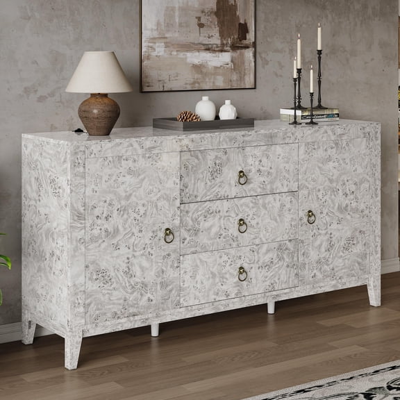 Papajet 60'' High Gloss Burl Wood Buffet Sideboard, Storage Cabinet with 3 Drawers & 2 Closed Cabinets, for Dining Room, Dark Brown Burl