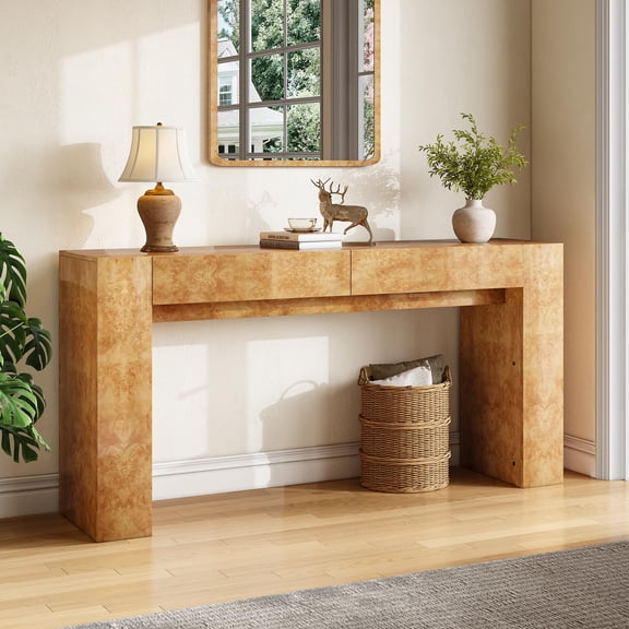 Papajet 63" Burl Wood Console Table, Modern High Gloss Entryway Table with 2 Storage Drawers for Entrance, Hallway, Foyer, Living Room, Natural