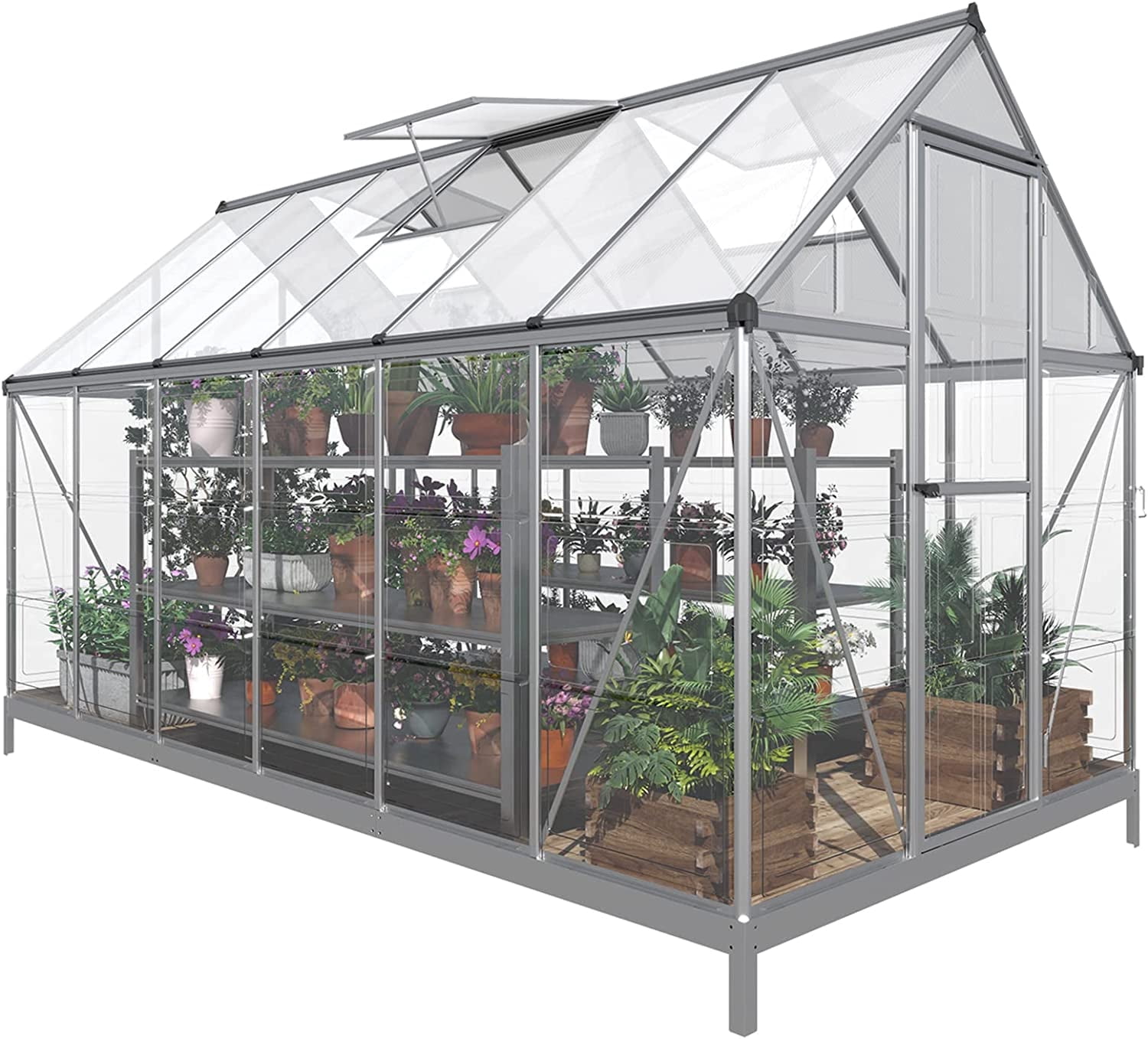 Jocisland 8x8x7 FT Polycarbonate Greenhouse, Walk-in Aluminum with 2 top-opening windows, 2 Swing Doors, Heavy Duty Outdoor Greenhouse, Black