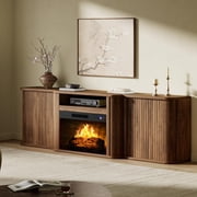 Papajet 70" Fluted Electric Fireplace TV Stand, Mid Century Modern, Walnut, Entertainment Center for 80" TVs, Sliding Tambour Doors, Hidden Storage