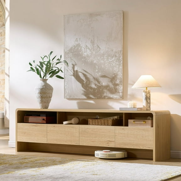 Papajet 70" Modern TV Stand for TVs Up to 80", Wood TV Console with Curved Profile Design & 2 Storage Cabinets for Living Room, Natural Oak