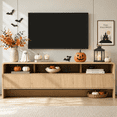 thumbnail image 1 of Papajet 70" Modern TV Stand for TVs Up to 80", Wood TV Console with Curved Profile Design & 2 Storage Cabinets for Living Room, Natural Oak, 1 of 12