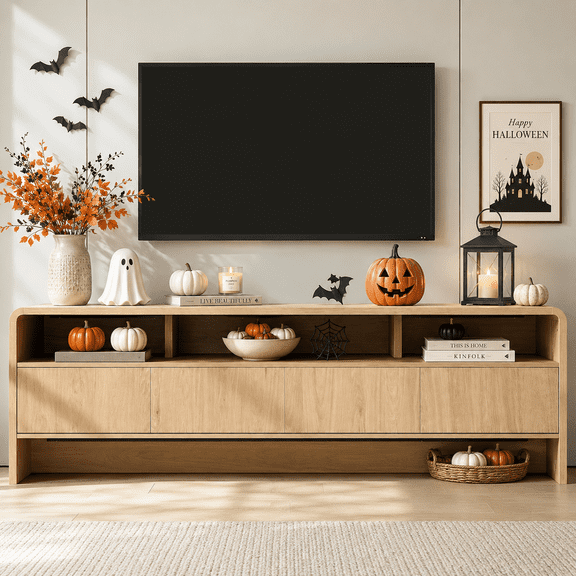 Papajet 70" Modern TV Stand for TVs Up to 80", Wood TV Console with Curved Profile Design & 2 Storage Cabinets for Living Room, Natural Oak