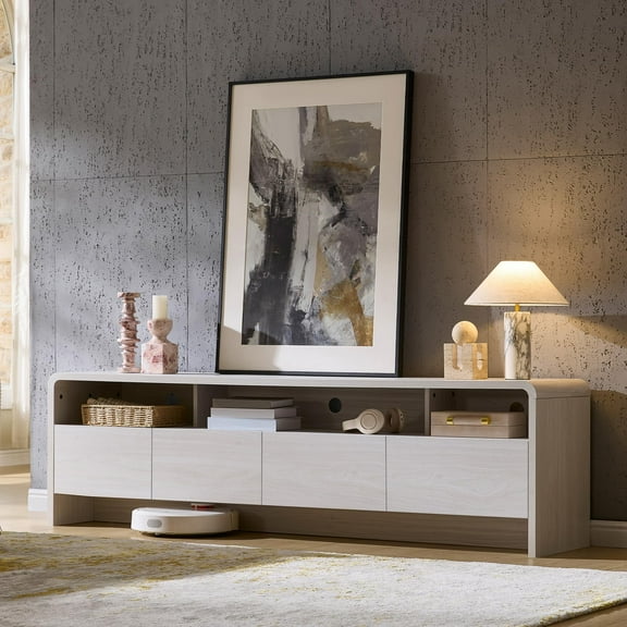 Papajet 70" Modern TV Stand for TVs Up to 80", Wood TV Console with Curved Profile Design & 2 Storage Cabinets for Living Room, White