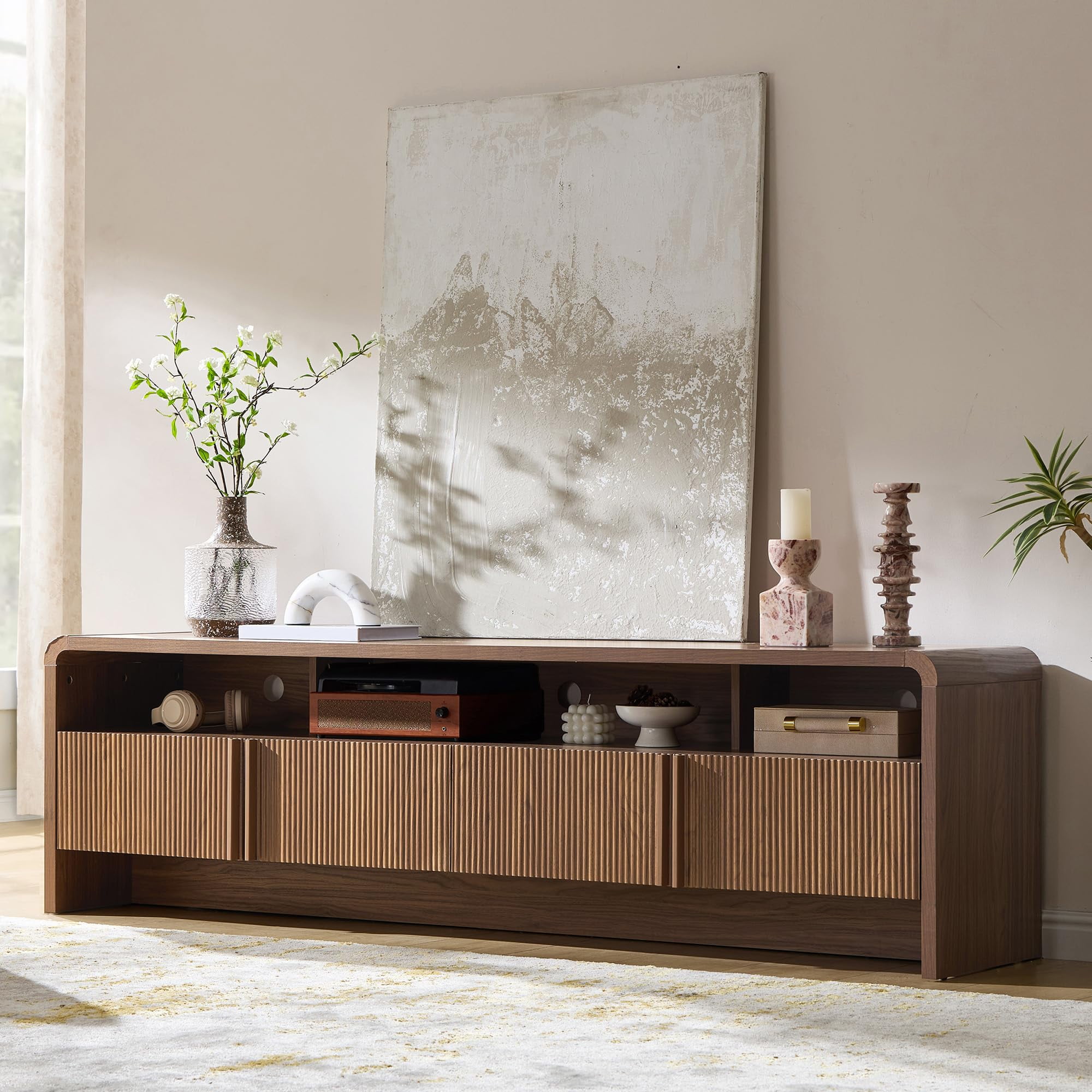 Papajet 70" Modern TV Stand for TVs up to 80", Fluted TV Console with Storage Cabinets, Wood Entertainment Center for Living Room, Brown