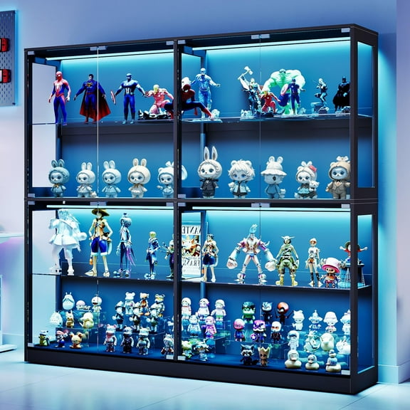 Papajet 75"×16" Display Cabinet with Glass Doors and RGB Lights, 4-Tier Storage Display Case, Adjustable Shelves, MDF and Tempered Glass, Black