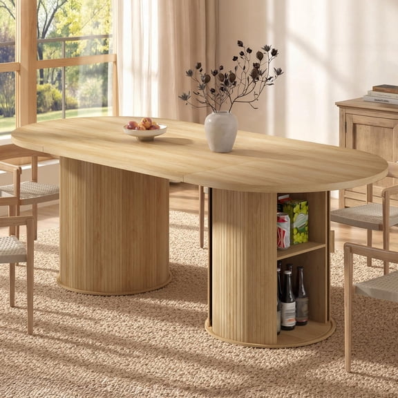 Papajet 86.6'' Modern Extra Long Oval Dining Table with Hidden Storage, Wooden Dining Table, Seats 6–8, Sturdy Kitchen Furniture, Natural Wood