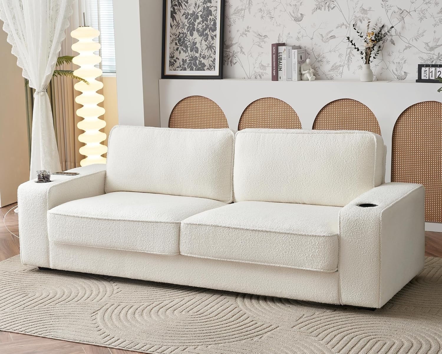 Merluxy 89 inch Sofa with USB Charging Ports & Cup Holders, Couch for Living Room, Offwhite Boucle