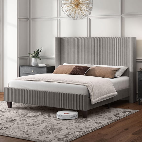 Papajet California King Size Upholstered Platform Bed Frame, Wingback Bed with 50.8" Headboard, Corduroy Taupe