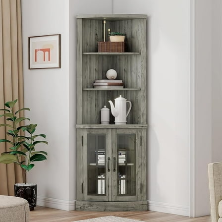 Papajet Curved Corner Storage Cabinet, 65" Bookcase with Doors, Washed Grey