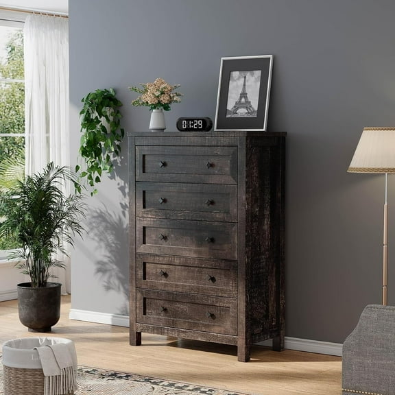 Papajet Farmhouse 5 Drawers Dresser with Metal Handles, Rustic Chest of Drawers, Black Oak