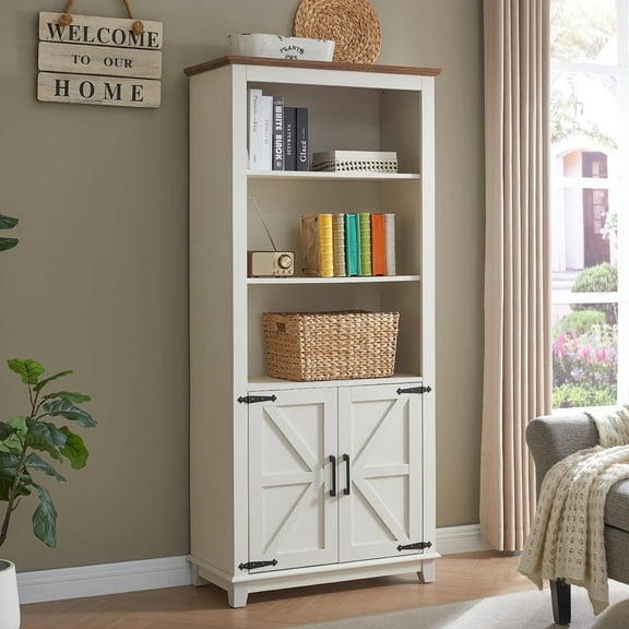 Papajet Farmhouse Bookcase with Doors, 5 Shelf Storage Cabinet, Rustic White