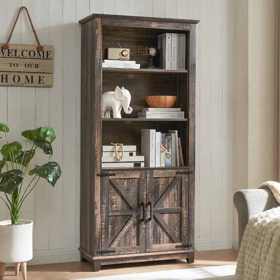 Papajet Farmhouse Bookcase with Doors, 5 Shelf Storage Cabinet with Barn Door, Rustic Oak/Black