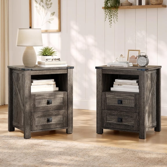 Papajet Farmhouse Nightstand Set of 2, Small Wooden End Table with Drawer & Open Shelf, Rustic Bedside Table for Bedroom, for Small Spaces, Grey Oak