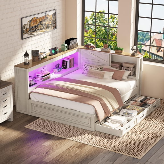 Papajet Full Corner Bed Frame with Storage Drawers and Bookcase Headboard, Charging Station and Led Lights, Farmhouse Wood Daybed, White