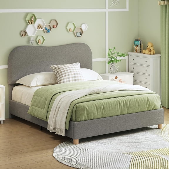 Papajet Full Size Bed Frame with Boucle Upholstery & Curved Headboard, Grey