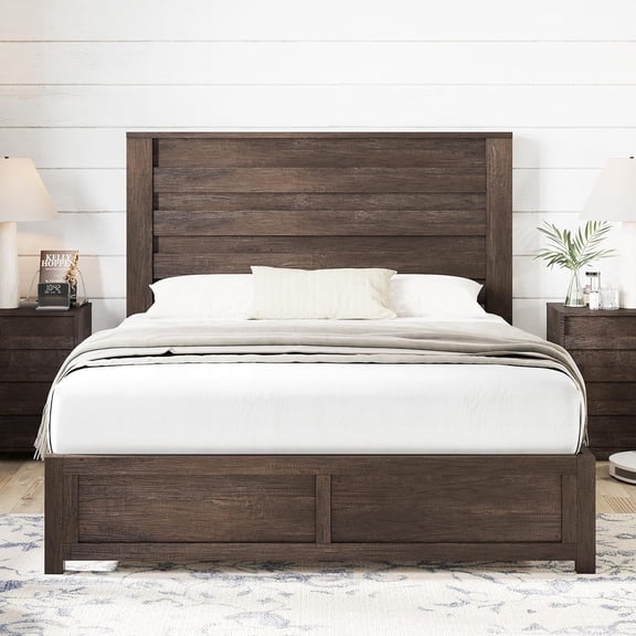 Papajet Full Size Bed Frame with Headboard, Farmhouse Platform and Natural Wood Grain, Gray