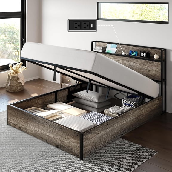 Papajet Full Size Bed Frame with Lift Up Storage, Wood Platform and Charging Station, Rustic Grey